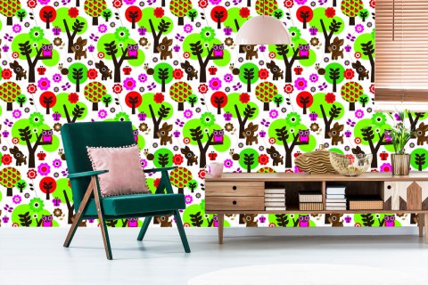 Tapeta Dla Dzieci - Leśne Zwierzątka, Kolorowe Kwiaty I Drzewa Flizelina 53x1000 TR-1051-VER-53