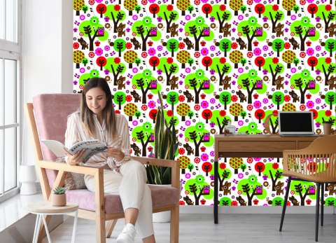 Tapeta Dla Dzieci - Leśne Zwierzątka, Kolorowe Kwiaty I Drzewa Flizelina 53x1000 TR-1051-VER-53