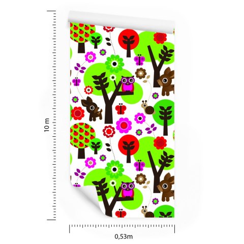 Tapeta Dla Dzieci - Leśne Zwierzątka, Kolorowe Kwiaty I Drzewa Flizelina 53x1000 TR-1051-VER-53