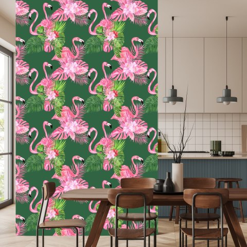 Tapeta Do Salonu Flamingi, Ptaki, Kwiaty, Zieleń Flizelina 53x1000 TR-2358-VER-53