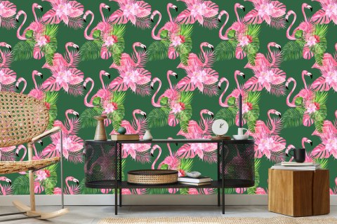 Tapeta Do Salonu Flamingi, Ptaki, Kwiaty, Zieleń Flizelina 53x1000 TR-2358-VER-53