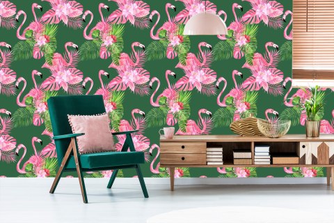 Tapeta Do Salonu Flamingi, Ptaki, Kwiaty, Zieleń Flizelina 53x1000 TR-2358-VER-53