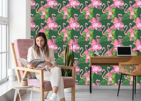 Tapeta Do Salonu Flamingi, Ptaki, Kwiaty, Zieleń Flizelina 53x1000 TR-2358-VER-53