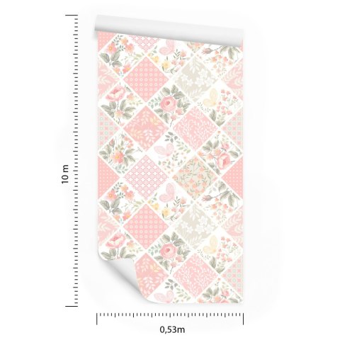 Tapeta Mozaika W Formie Patchworku Z Motylami I Kwiatami Flizelina 53x1000 TR-1264-VER-53