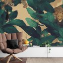 Fototapeta Seamless Tropical Pattern With Exotic Trees, Leopards, And Palm Leaves. Abstract Jungle Pattern With Leopards, Digita