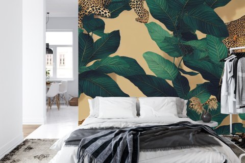 Fototapeta Seamless Tropical Pattern With Exotic Trees, Leopards, And Palm Leaves. Abstract Jungle Pattern With Leopards, Digita