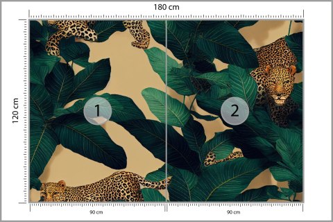 Fototapeta Seamless Tropical Pattern With Exotic Trees, Leopards, And Palm Leaves. Abstract Jungle Pattern With Leopards, Digita