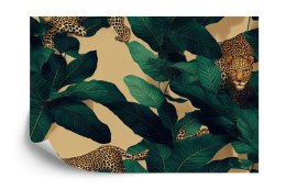 Fototapeta Seamless Tropical Pattern With Exotic Trees, Leopards, And Palm Leaves. Abstract Jungle Pattern With Leopards, Digita