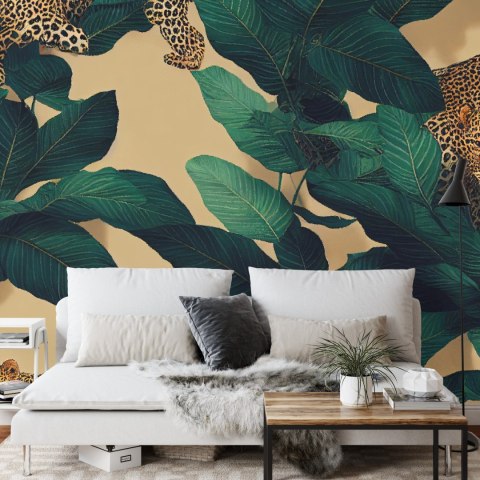 Fototapeta Seamless Tropical Pattern With Exotic Trees, Leopards, And Palm Leaves. Abstract Jungle Pattern With Leopards, Digita