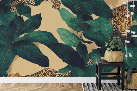 Fototapeta Seamless Tropical Pattern With Exotic Trees, Leopards, And Palm Leaves. Abstract Jungle Pattern With Leopards, Digita