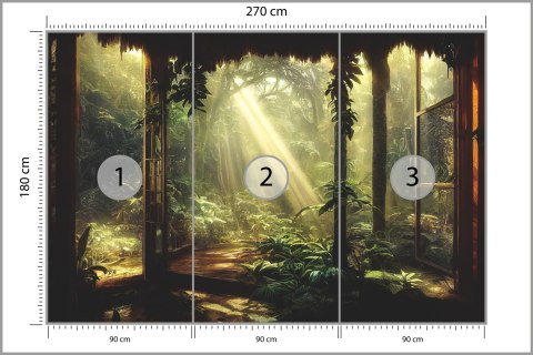 Fototapeta A Large Arch-Shaped Window, A Portal In The Dark Mystical Forest, The Sun's Rays Pass Through The Window And Tre