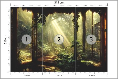 Fototapeta A Large Arch-Shaped Window, A Portal In The Dark Mystical Forest, The Sun's Rays Pass Through The Window And Tre