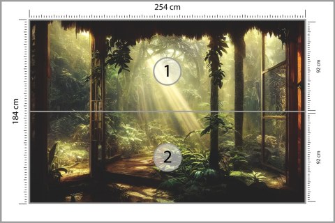 Fototapeta A Large Arch-Shaped Window, A Portal In The Dark Mystical Forest, The Sun's Rays Pass Through The Window And Tre