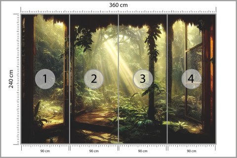 Fototapeta A Large Arch-Shaped Window, A Portal In The Dark Mystical Forest, The Sun's Rays Pass Through The Window And Tre