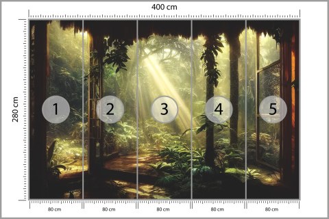 Fototapeta A Large Arch-Shaped Window, A Portal In The Dark Mystical Forest, The Sun's Rays Pass Through The Window And Tre