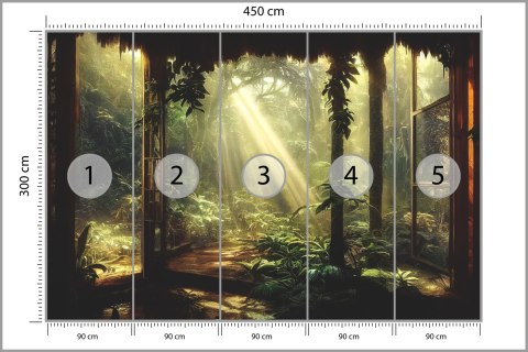 Fototapeta A Large Arch-Shaped Window, A Portal In The Dark Mystical Forest, The Sun's Rays Pass Through The Window And Tre