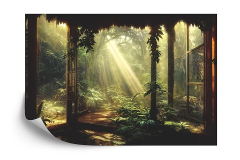 Fototapeta A Large Arch-Shaped Window, A Portal In The Dark Mystical Forest, The Sun&#039;s Rays Pass Through The Window And Tre