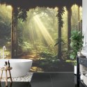 Fototapeta A Large Arch-Shaped Window, A Portal In The Dark Mystical Forest, The Sun&#039;s Rays Pass Through The Window And Tre