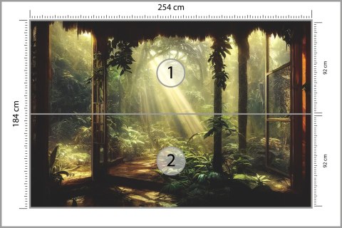 Fototapeta A Large Arch-Shaped Window, A Portal In The Dark Mystical Forest, The Sun's Rays Pass Through The Window And Tre