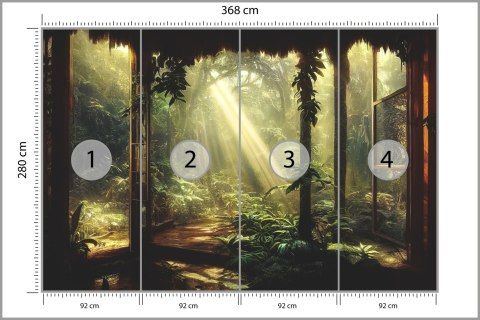 Fototapeta A Large Arch-Shaped Window, A Portal In The Dark Mystical Forest, The Sun's Rays Pass Through The Window And Tre