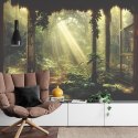 Fototapeta A Large Arch-Shaped Window, A Portal In The Dark Mystical Forest, The Sun&#039;s Rays Pass Through The Window And Tre