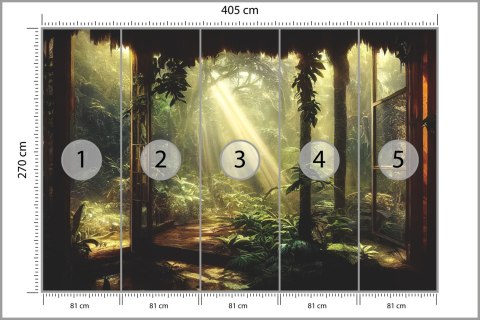 Fototapeta A Large Arch-Shaped Window, A Portal In The Dark Mystical Forest, The Sun's Rays Pass Through The Window And Tre