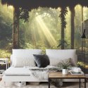 Fototapeta A Large Arch-Shaped Window, A Portal In The Dark Mystical Forest, The Sun&#039;s Rays Pass Through The Window And Tre