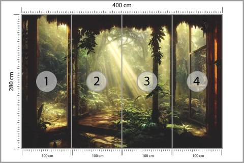 Fototapeta A Large Arch-Shaped Window, A Portal In The Dark Mystical Forest, The Sun's Rays Pass Through The Window And Tre