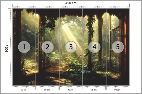 Fototapeta A Large Arch-Shaped Window, A Portal In The Dark Mystical Forest, The Sun's Rays Pass Through The Window And Tre