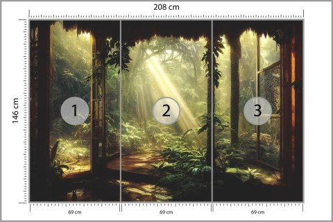 Fototapeta A Large Arch-Shaped Window, A Portal In The Dark Mystical Forest, The Sun's Rays Pass Through The Window And Tre