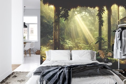 Fototapeta A Large Arch-Shaped Window, A Portal In The Dark Mystical Forest, The Sun's Rays Pass Through The Window And Tre