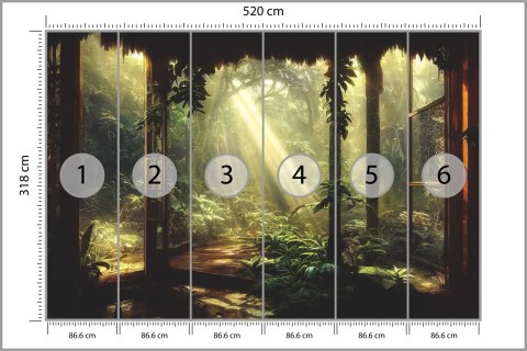 Fototapeta A Large Arch-Shaped Window, A Portal In The Dark Mystical Forest, The Sun's Rays Pass Through The Window And Tre