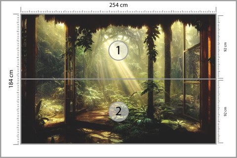 Fototapeta A Large Arch-Shaped Window, A Portal In The Dark Mystical Forest, The Sun's Rays Pass Through The Window And Tre