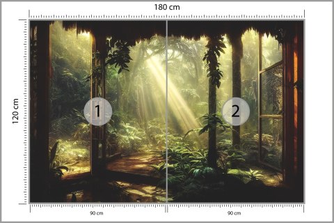 Fototapeta A Large Arch-Shaped Window, A Portal In The Dark Mystical Forest, The Sun's Rays Pass Through The Window And Tre