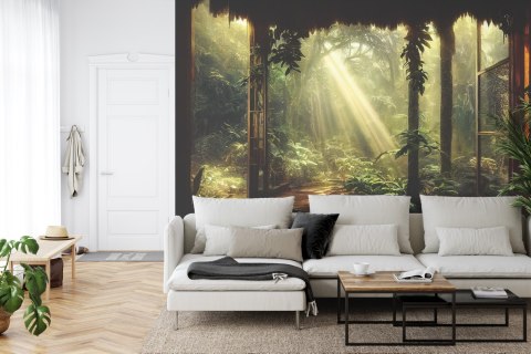 Fototapeta A Large Arch-Shaped Window, A Portal In The Dark Mystical Forest, The Sun's Rays Pass Through The Window And Tre
