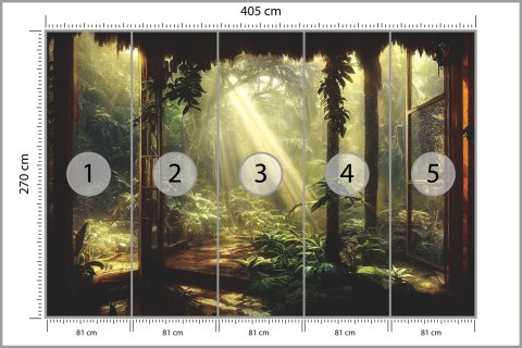 Fototapeta A Large Arch-Shaped Window, A Portal In The Dark Mystical Forest, The Sun's Rays Pass Through The Window And Tre