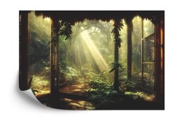 Fototapeta A Large Arch-Shaped Window, A Portal In The Dark Mystical Forest, The Sun's Rays Pass Through The Window And Tre