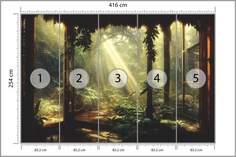 Fototapeta A Large Arch-Shaped Window, A Portal In The Dark Mystical Forest, The Sun's Rays Pass Through The Window And Tre