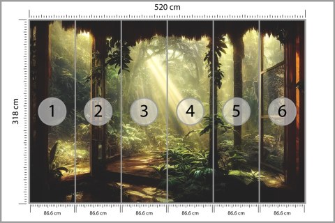 Fototapeta A Large Arch-Shaped Window, A Portal In The Dark Mystical Forest, The Sun's Rays Pass Through The Window And Tre