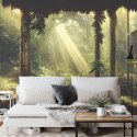 Fototapeta A Large Arch-Shaped Window, A Portal In The Dark Mystical Forest, The Sun's Rays Pass Through The Window And Tre