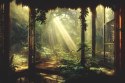 Fototapeta A Large Arch-Shaped Window, A Portal In The Dark Mystical Forest, The Sun's Rays Pass Through The Window And Tre