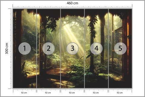 Fototapeta A Large Arch-Shaped Window, A Portal In The Dark Mystical Forest, The Sun's Rays Pass Through The Window And Tre