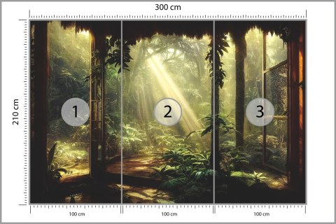 Fototapeta A Large Arch-Shaped Window, A Portal In The Dark Mystical Forest, The Sun's Rays Pass Through The Window And Tre