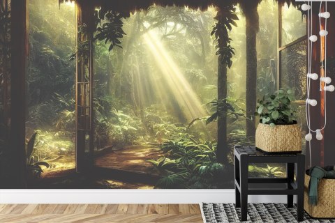 Fototapeta A Large Arch-Shaped Window, A Portal In The Dark Mystical Forest, The Sun's Rays Pass Through The Window And Tre