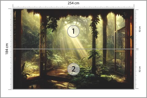 Fototapeta A Large Arch-Shaped Window, A Portal In The Dark Mystical Forest, The Sun's Rays Pass Through The Window And Tre