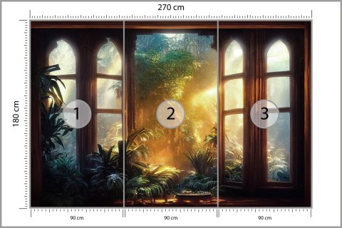 Fototapeta A Large Arch-Shaped Window, A Portal In The Dark Mystical Forest, The Sun's Rays Pass Through The Window And Tre