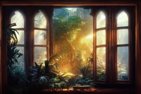 Fototapeta A Large Arch-Shaped Window, A Portal In The Dark Mystical Forest, The Sun's Rays Pass Through The Window And Tre