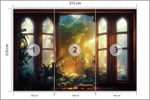 Fototapeta A Large Arch-Shaped Window, A Portal In The Dark Mystical Forest, The Sun's Rays Pass Through The Window And Tre