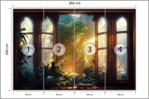 Fototapeta A Large Arch-Shaped Window, A Portal In The Dark Mystical Forest, The Sun's Rays Pass Through The Window And Tre