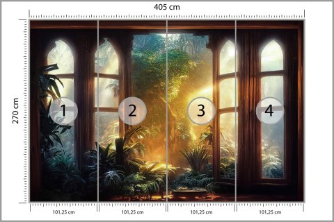 Fototapeta A Large Arch-Shaped Window, A Portal In The Dark Mystical Forest, The Sun's Rays Pass Through The Window And Tre